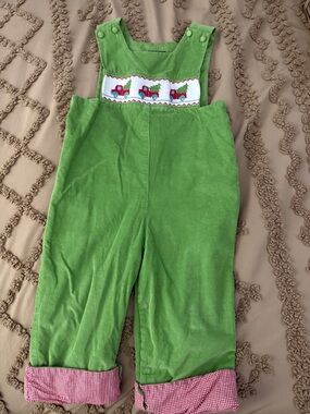 Green Corduroy Kids One-Piece Overalls with Truck Smocking